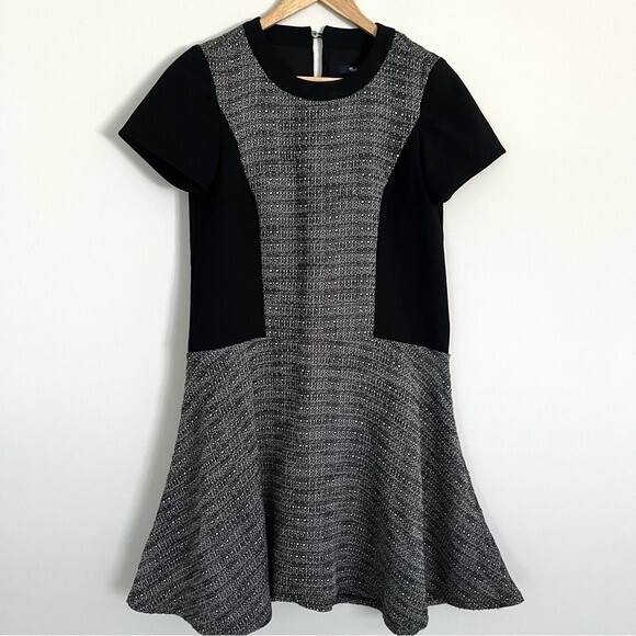Madewell Textured Tribune Tweed and Black Color Block Short Sleeve Dress, Size 0 - Picture 2 of 9